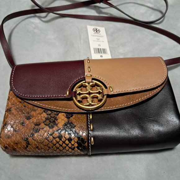 Tory Burch Miller Mixed Materials Wallet Crossbody in Dark Caramel Retail $378 - Picture 2 of 5